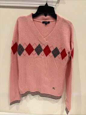 Burberry Pink Argyle Crewneck Lambswool Sweater with Red and Charcoal Accents